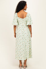 Sage Floral Square Neck Puff Sleeve Maternity Dress