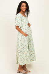 Sage Floral Square Neck Puff Sleeve Maternity Dress