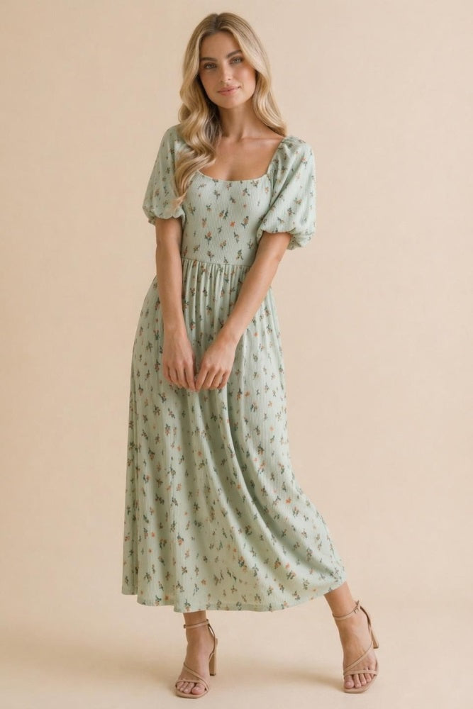 Sage Floral Square Neck Puff Sleeve Dress