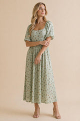 Sage Floral Square Neck Puff Sleeve Dress