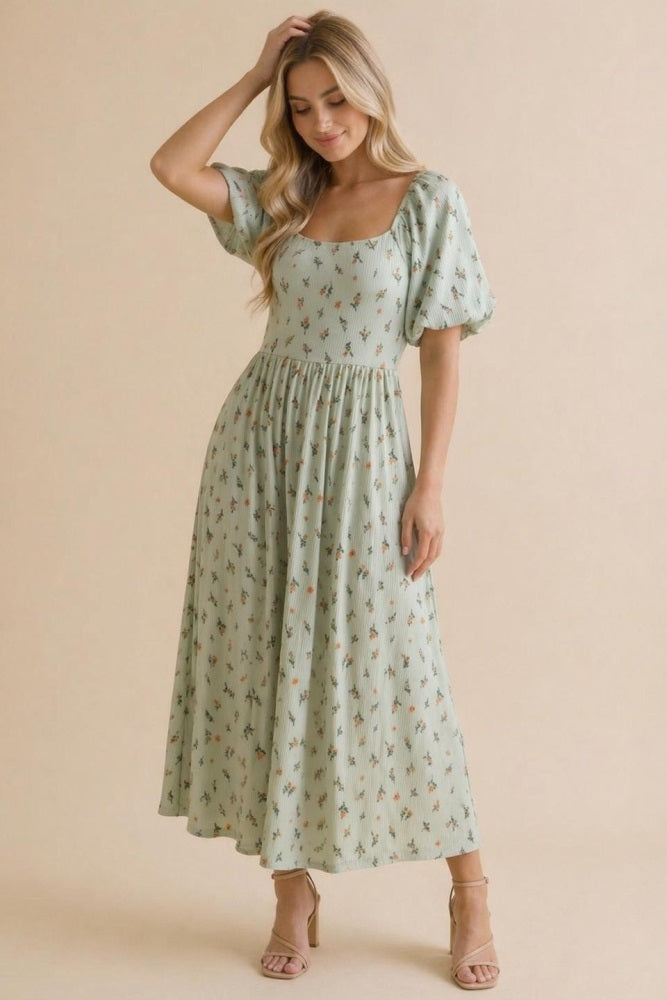 Sage Floral Square Neck Puff Sleeve Dress