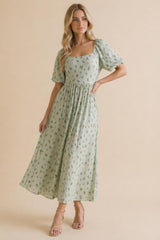 Sage Floral Square Neck Puff Sleeve Dress