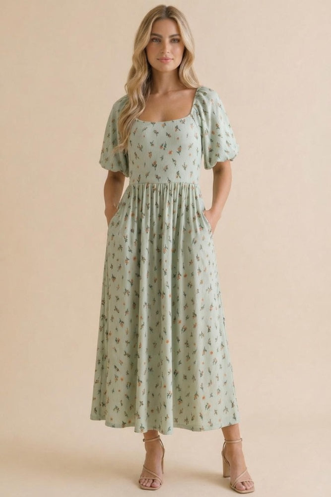 Sage Floral Square Neck Puff Sleeve Dress