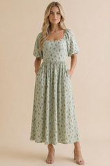 Sage Floral Square Neck Puff Sleeve Dress