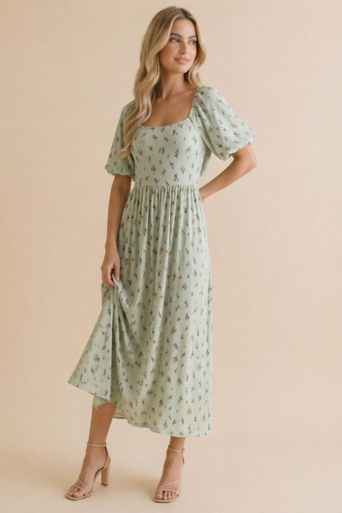 Sage Floral Square Neck Puff Sleeve Dress