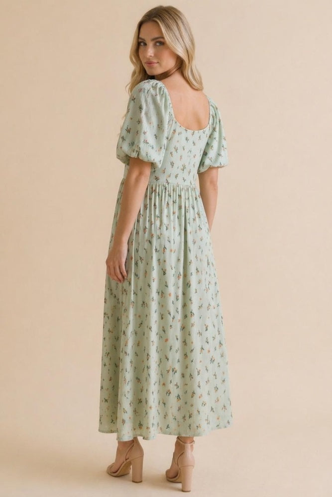 Sage Floral Square Neck Puff Sleeve Dress