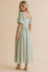 Sage Floral Square Neck Puff Sleeve Dress