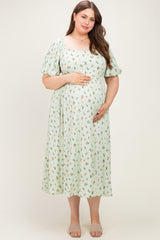 Sage Floral Square Neck Puff Sleeve Maternity Plus Dress
