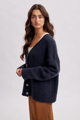 Navy Chenille Knit Button Front Cardigan