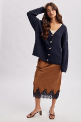 Navy Chenille Knit Button Front Cardigan