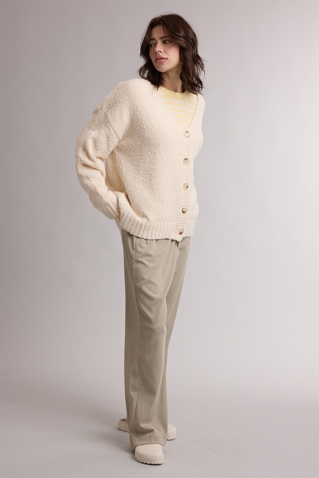 Cream Chenille Knit Button Front Cardigan