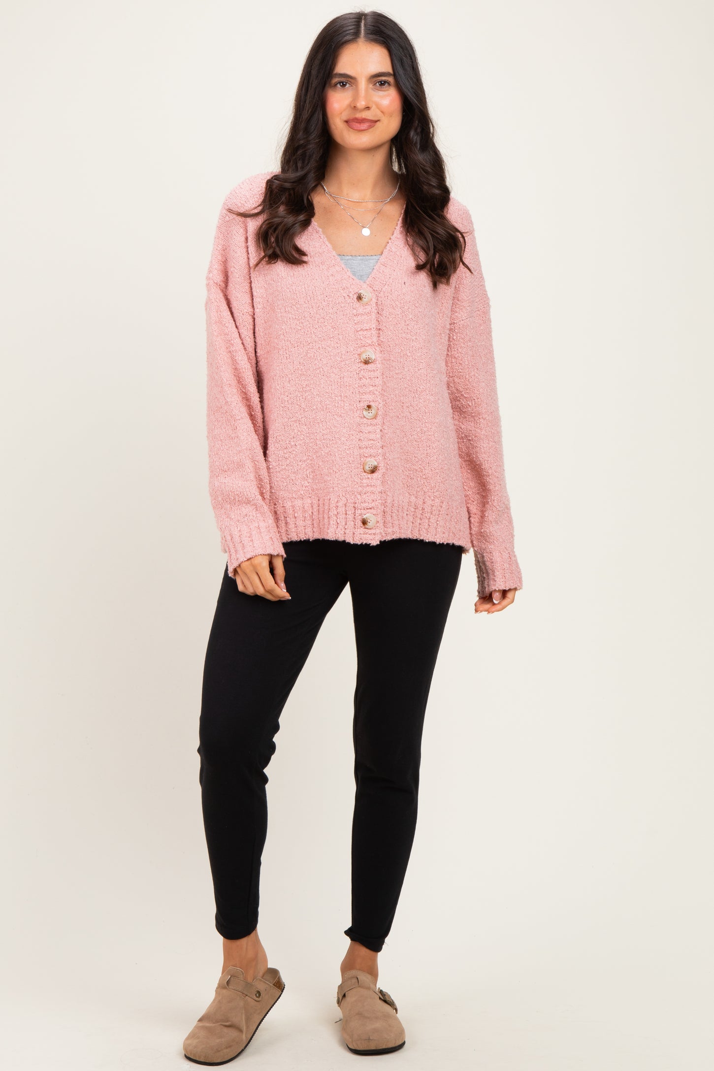 Ballet Pink Chenille Knit Button Front Cardigan