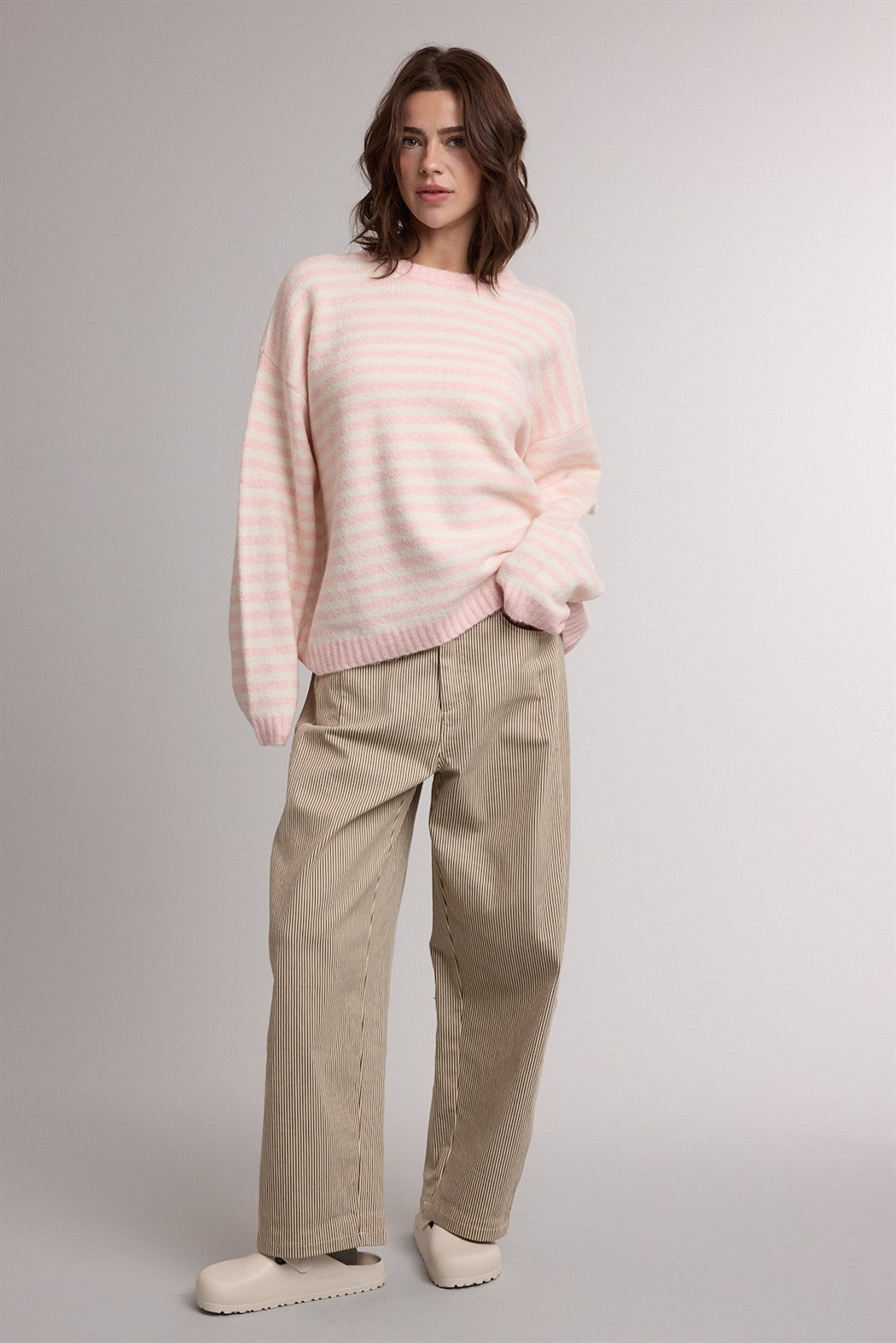 Ballet Pink Brushed Knit Striped Sweater