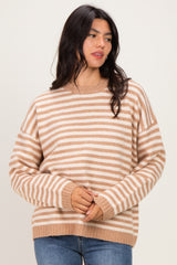 Coffee Brushed Knit Striped Maternity Sweater