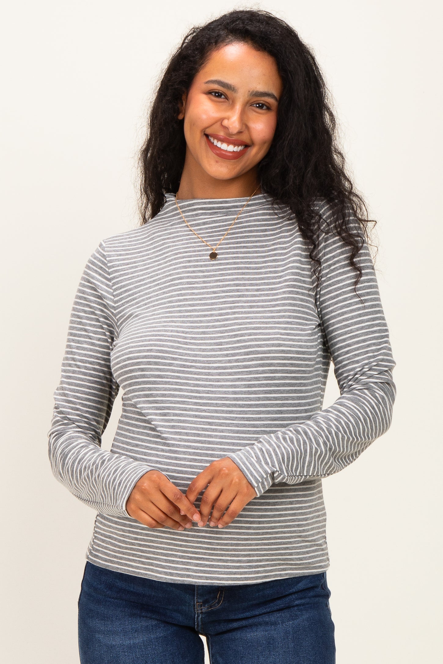 Heather Grey Striped Rolled Neck Maternity Top