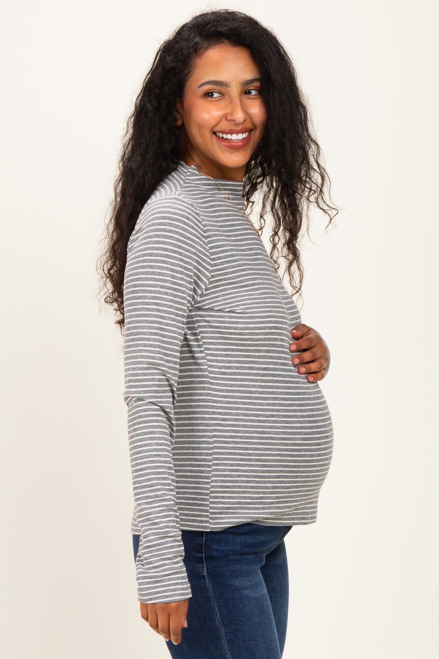 Heather Grey Striped Rolled Neck Maternity Top