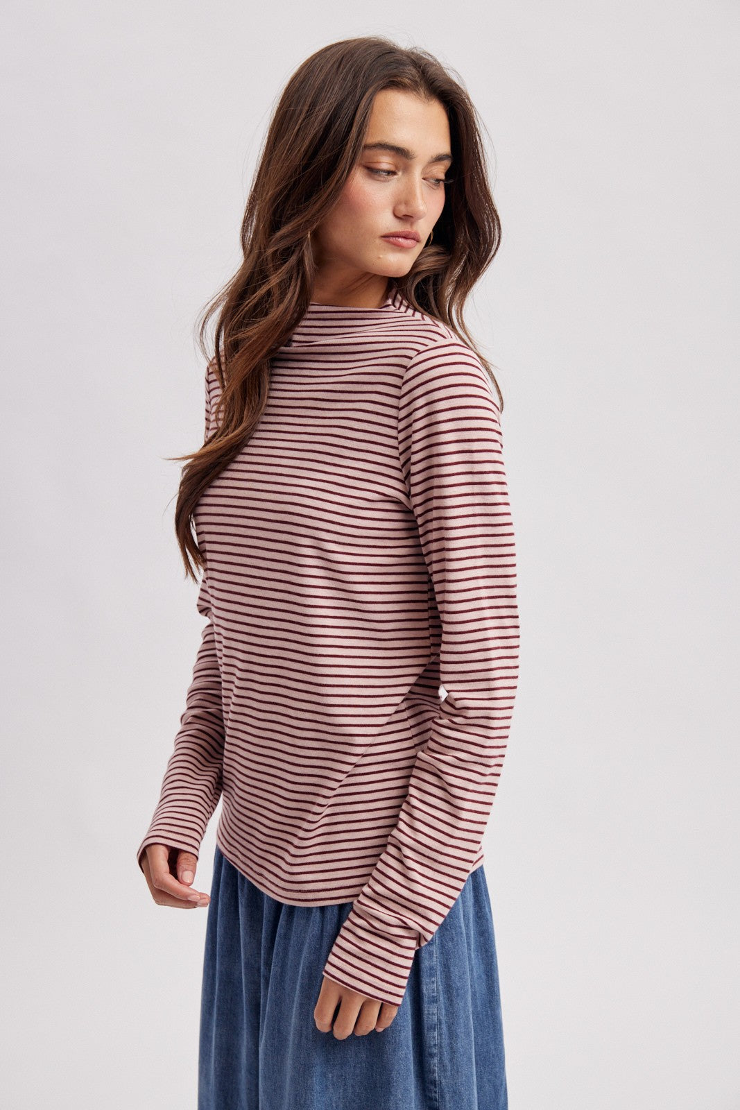 Mauve Striped Rolled Neck Top