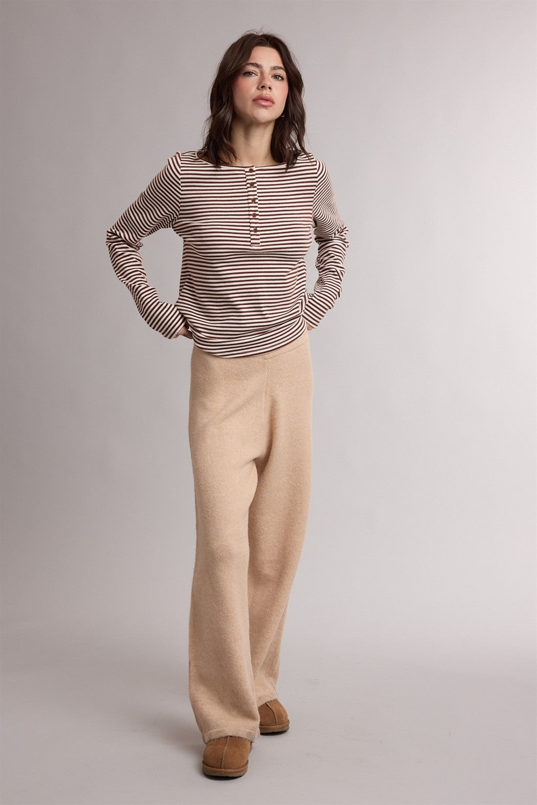 Brown Striped Button Henley Top
