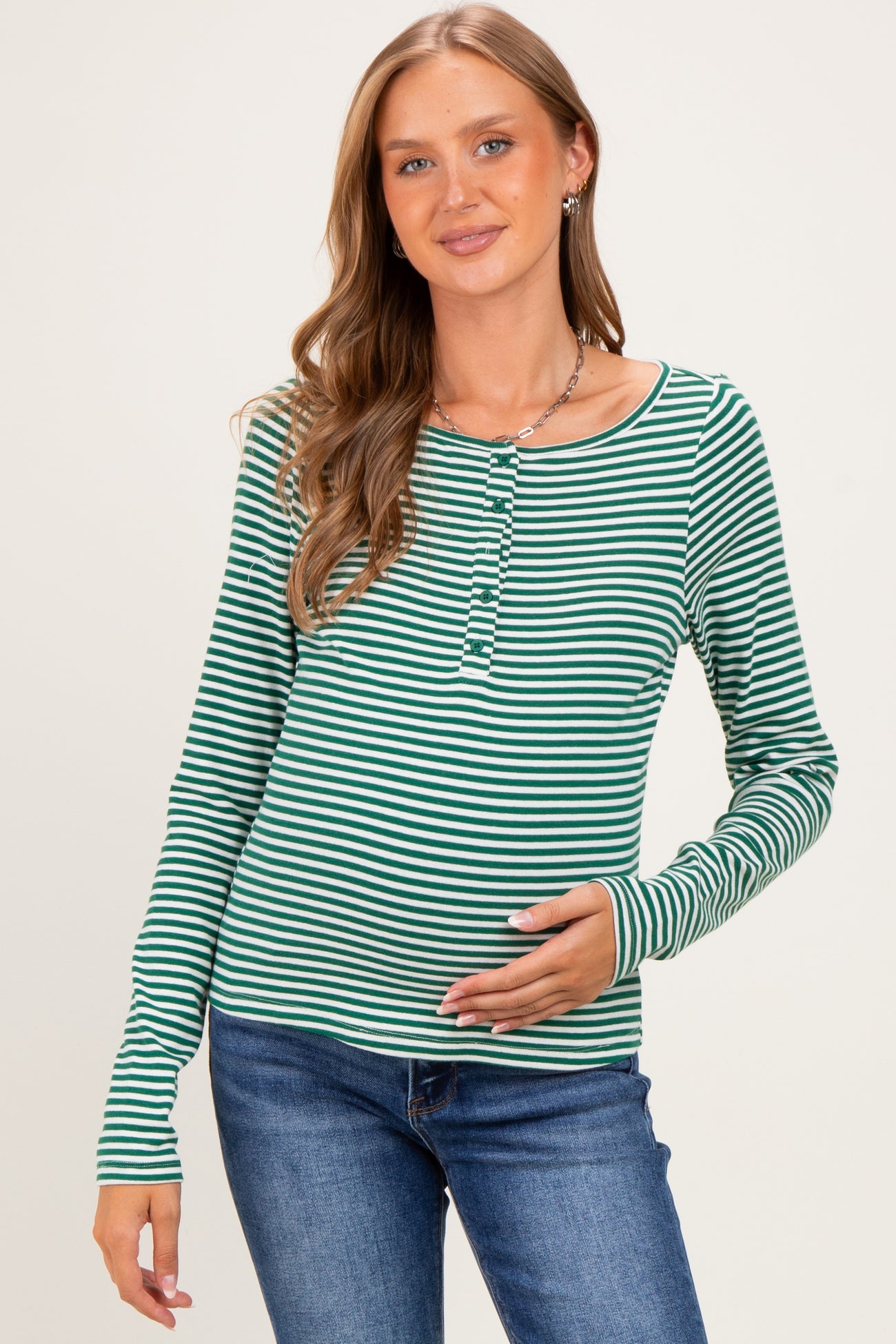 Green Striped Button Henley Maternity Top