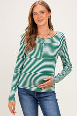Green Striped Button Henley Maternity Top