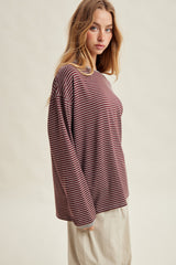Burgundy Striped Oversized Long Sleeve Top