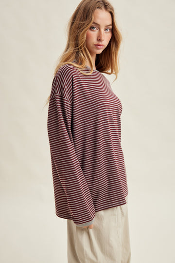 Burgundy Striped Oversized Long Sleeve Top