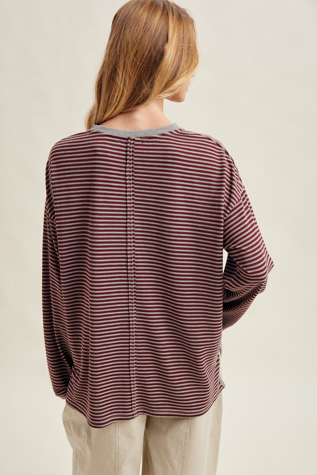 Burgundy Striped Oversized Long Sleeve Top