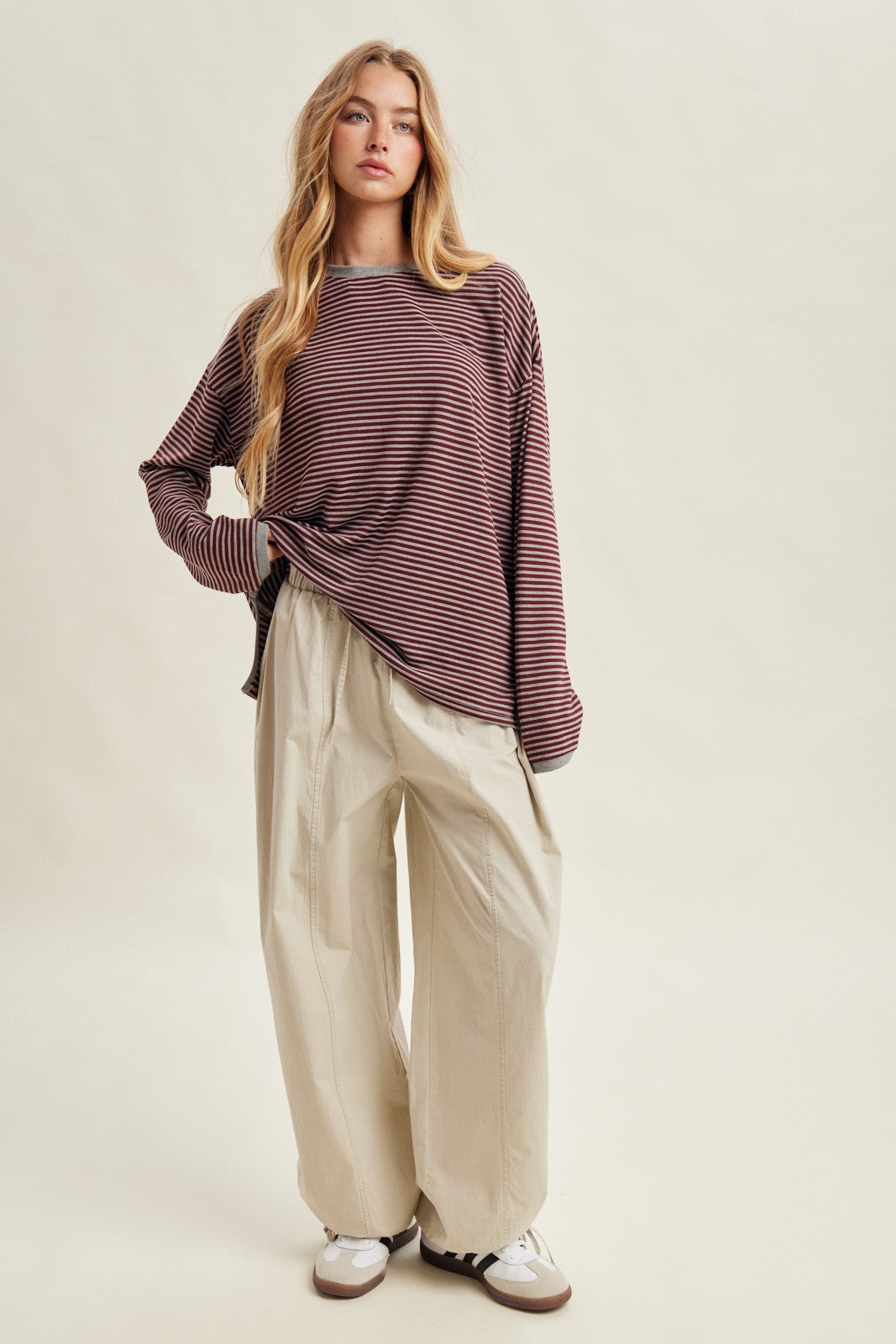 Burgundy Striped Oversized Long Sleeve Top