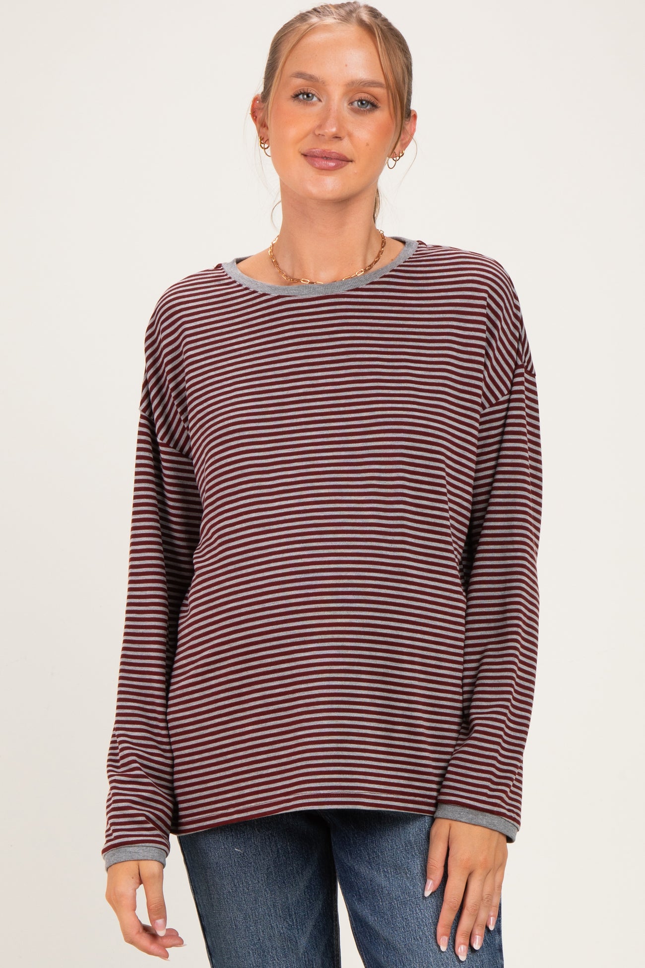 Burgundy Striped Oversized Maternity Long Sleeve Top