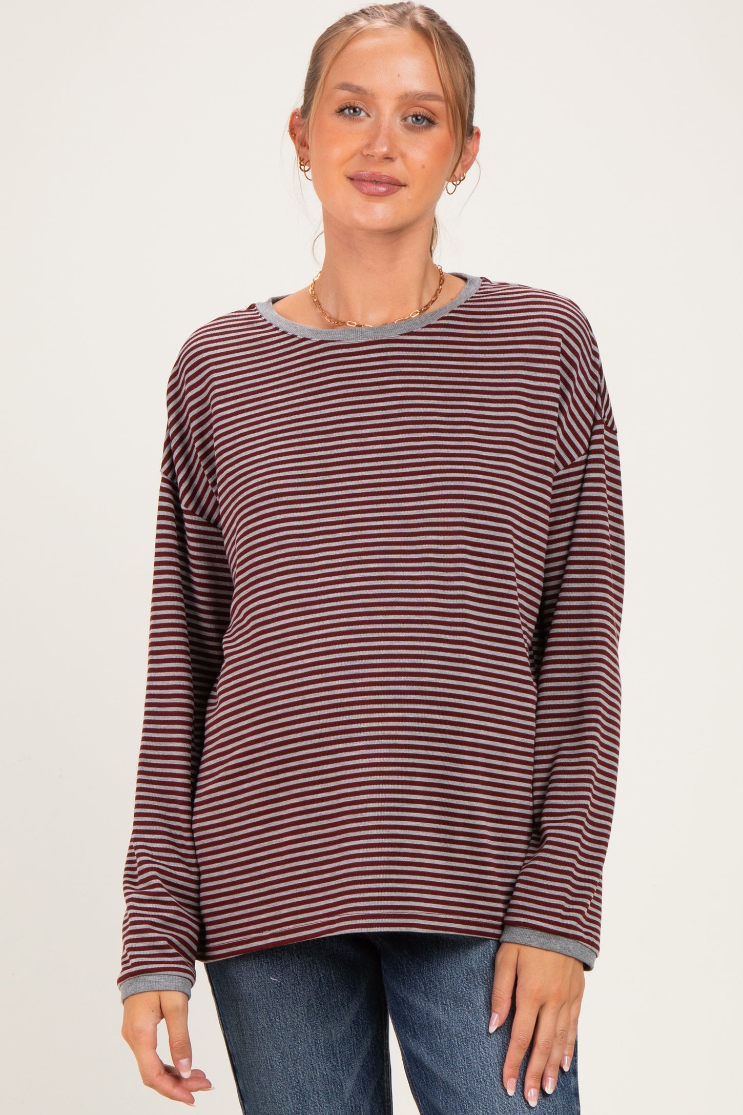 Burgundy Striped Oversized Maternity Long Sleeve Top