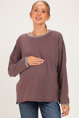 Burgundy Striped Oversized Maternity Long Sleeve Top