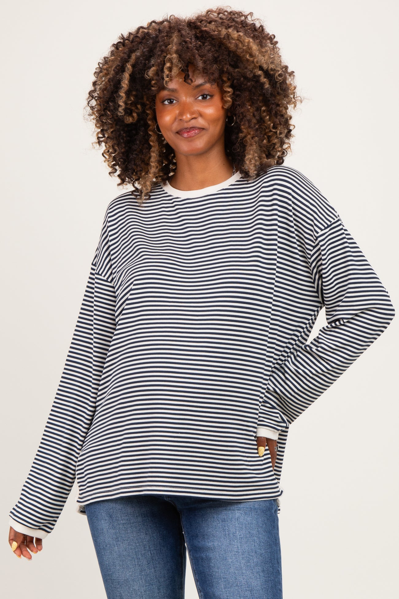 Navy Striped Oversized Maternity Long Sleeve Top
