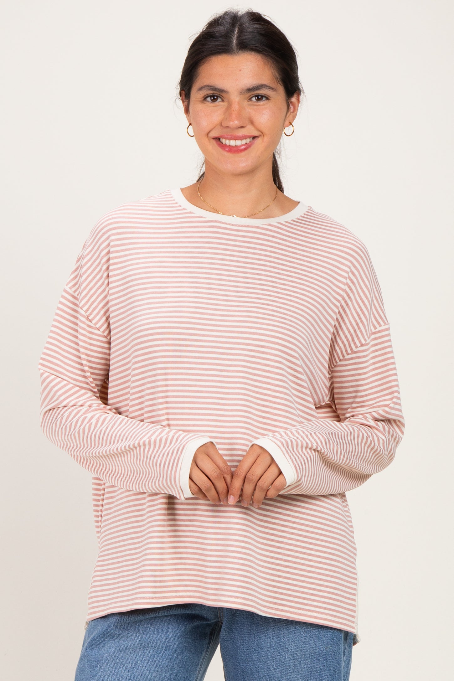 Pink Striped Oversized Maternity Long Sleeve Top