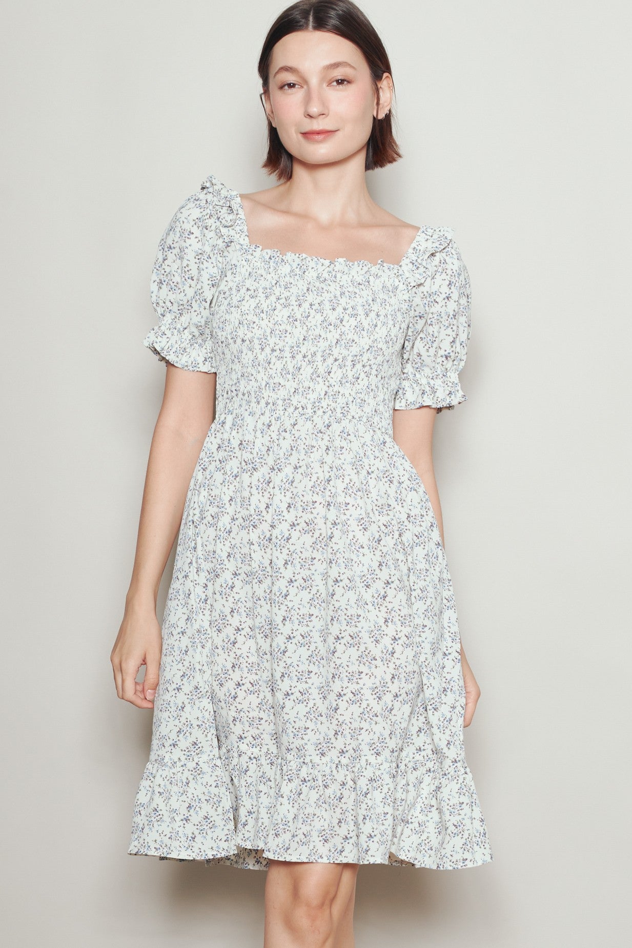 Cream Floral Smocked Puff Sleeve Dress