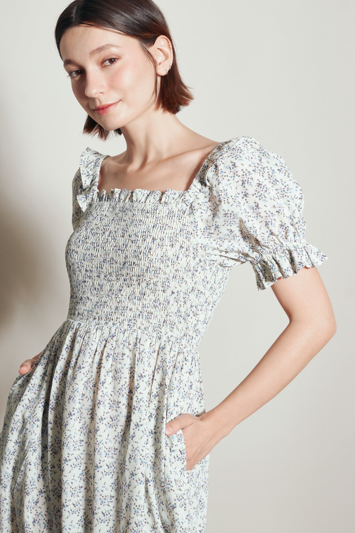 Cream Floral Smocked Puff Sleeve Dress