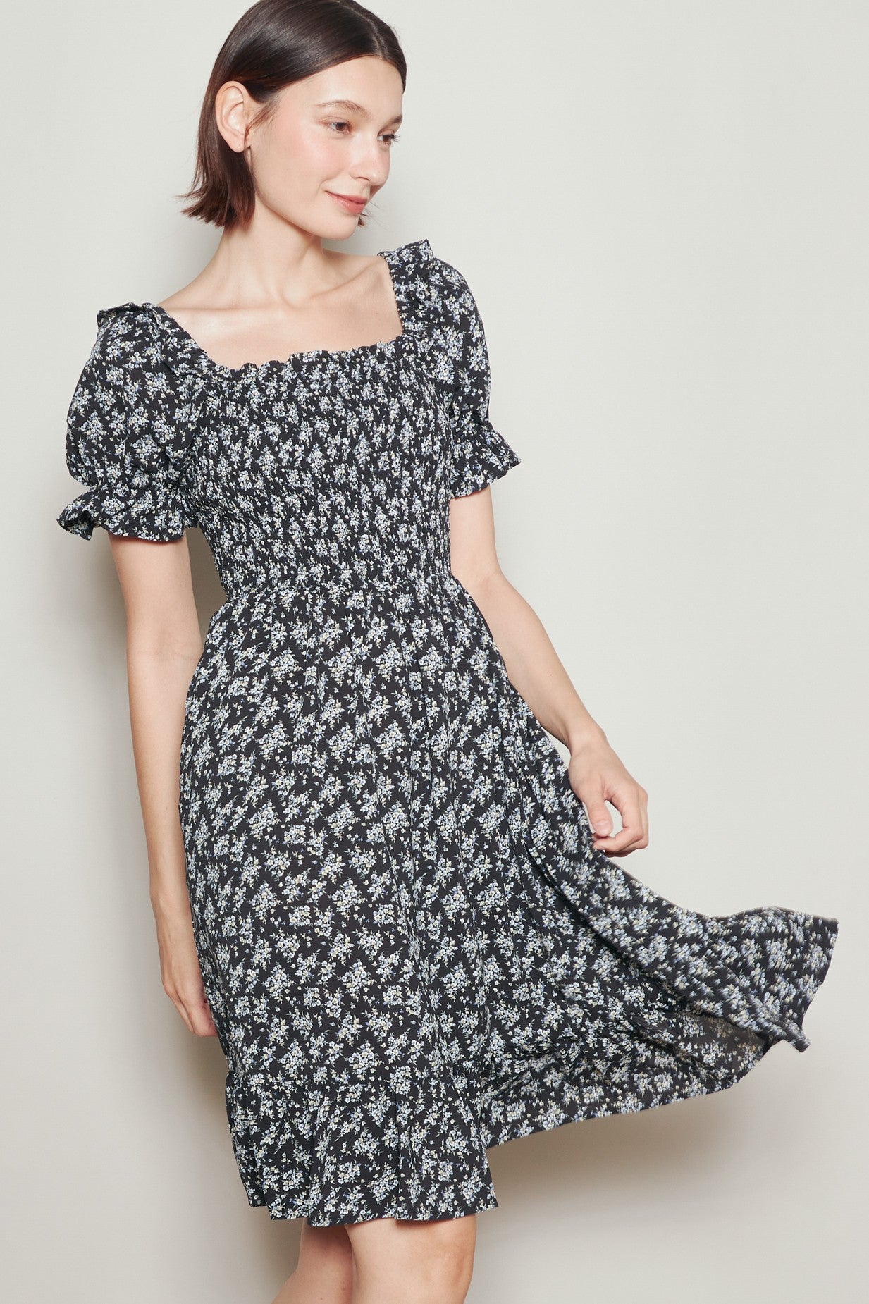 Black Floral Smocked Puff Sleeve Dress