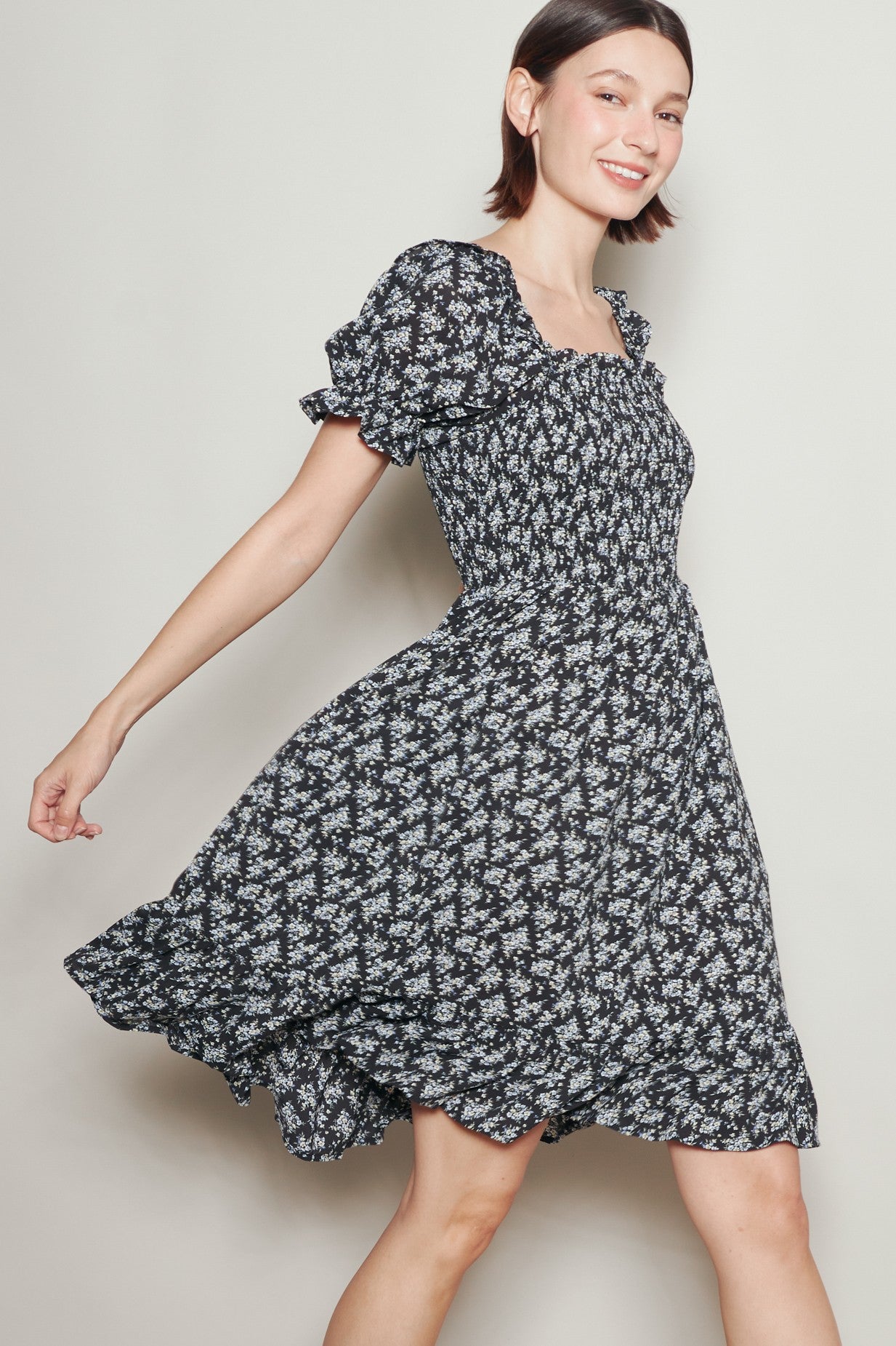 Black Floral Smocked Puff Sleeve Dress