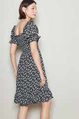 Black Floral Smocked Puff Sleeve Dress