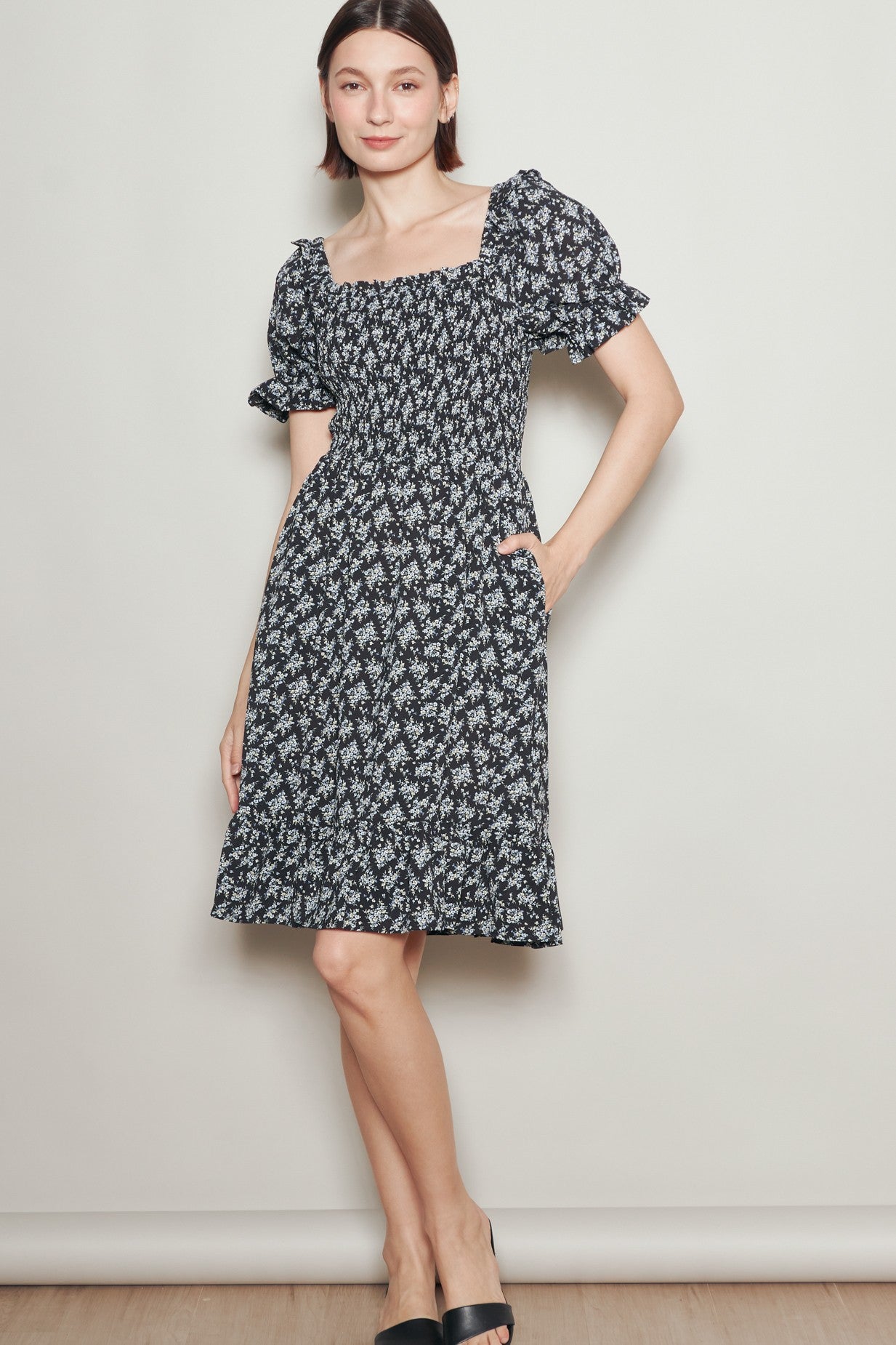 Black Floral Smocked Puff Sleeve Dress
