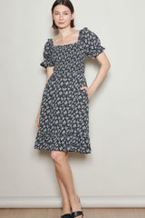 Black Floral Smocked Puff Sleeve Dress