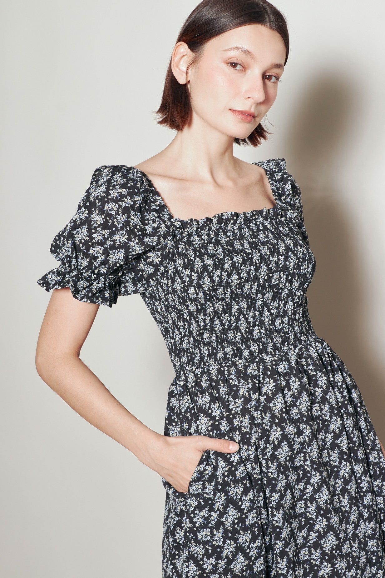 Black Floral Smocked Puff Sleeve Dress