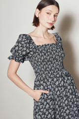Black Floral Smocked Puff Sleeve Dress