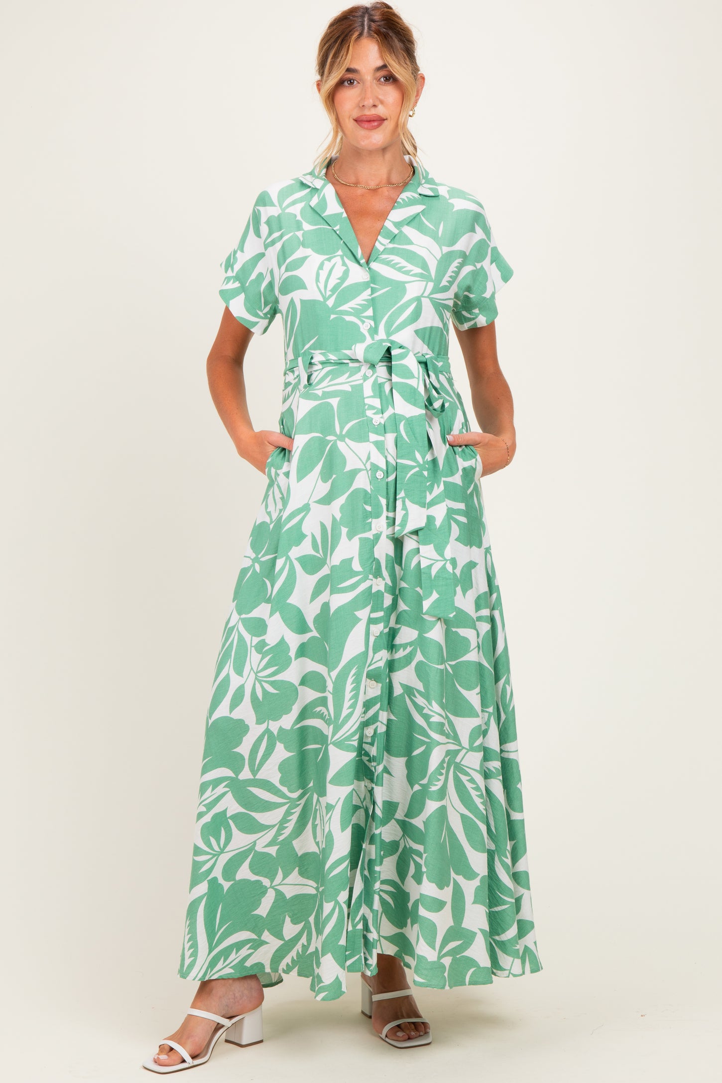 Light Olive Floral Waist Tie Maternity Shirt Dress