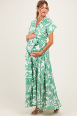 Light Olive Floral Waist Tie Maternity Shirt Dress