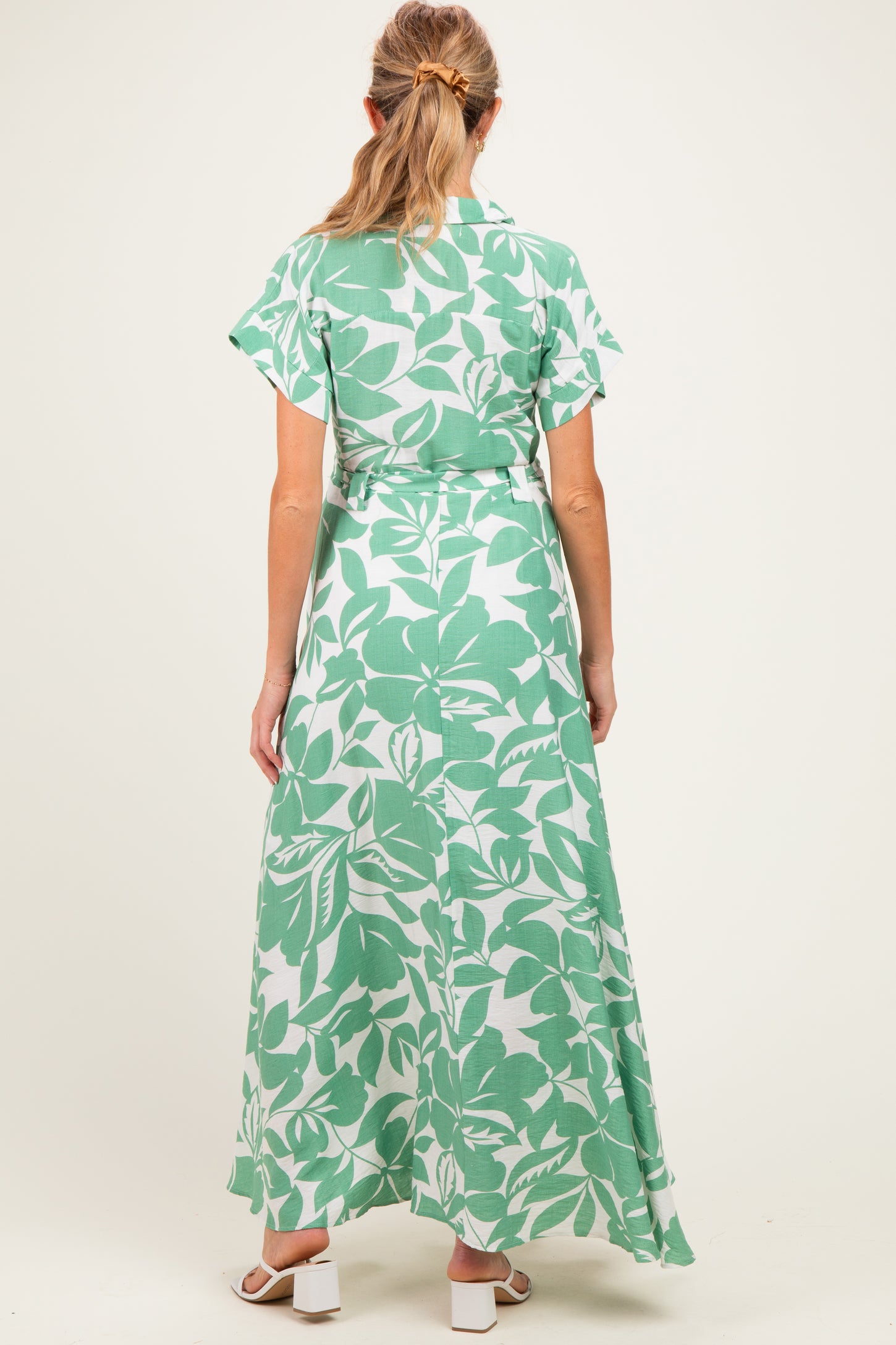 Light Olive Floral Waist Tie Maternity Shirt Dress