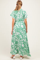 Light Olive Floral Waist Tie Maternity Shirt Dress