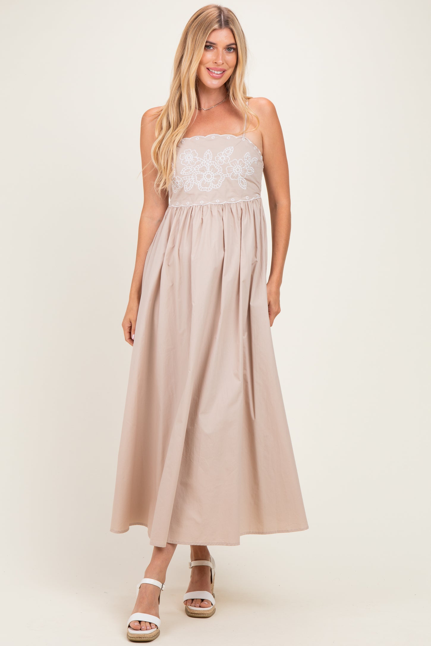 Beige Floral Embroidered Back Cut Out Maxi Dress