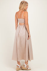 Beige Floral Embroidered Back Cut Out Maxi Dress