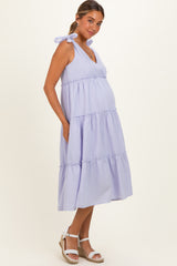 Lavender Tiered Shoulder Tie Maternity Midi Dress