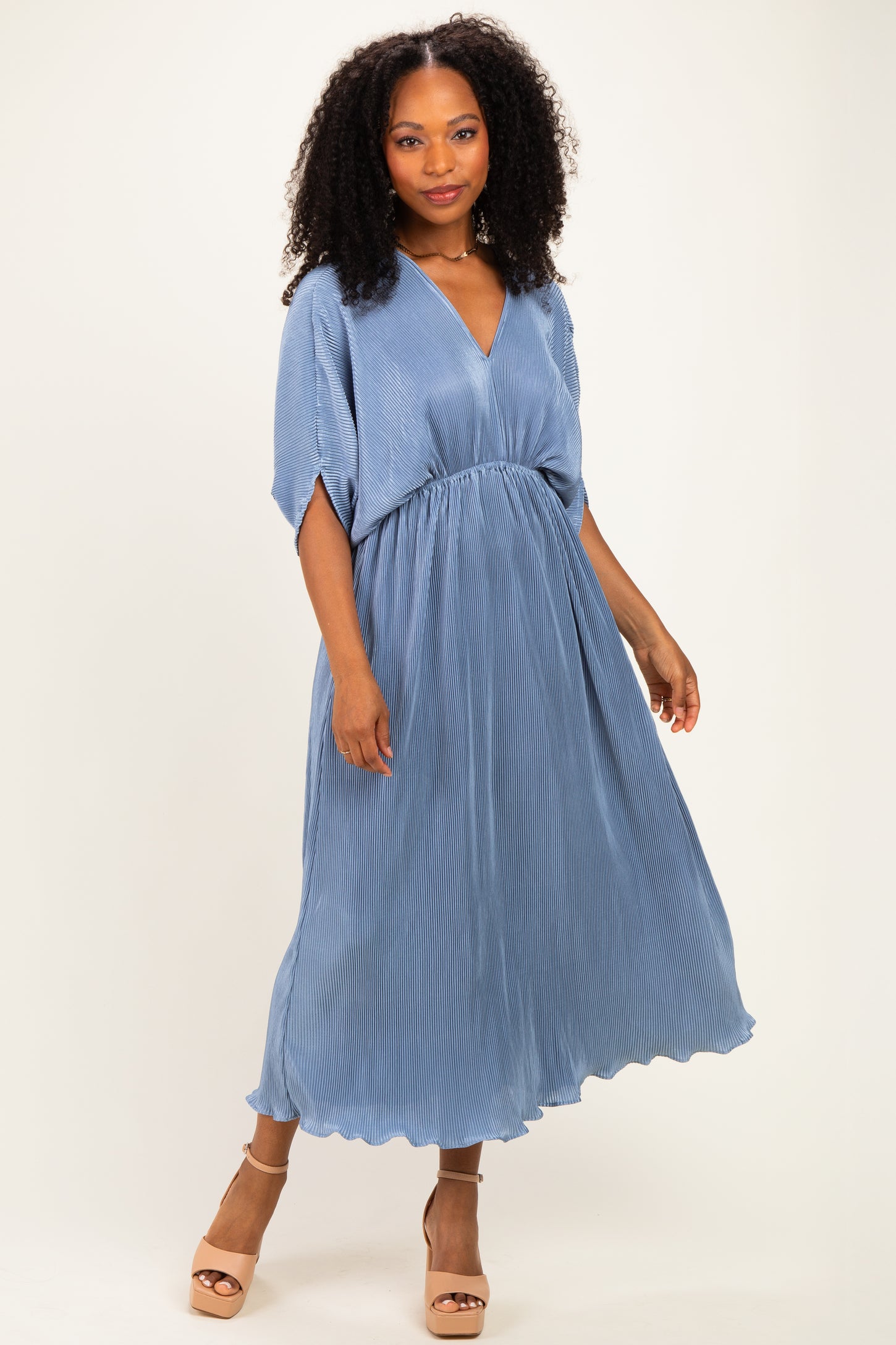 Deep Blue Pleated Satin Dolman Sleeve Maxi Dress